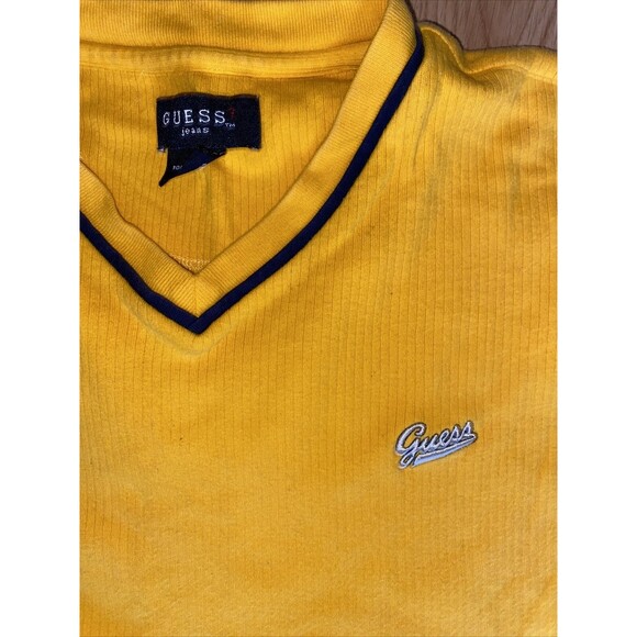 Guess Jeans Yellow V-Neck Short Sleeve Ribbed Shirt Size L - Picture 3 of 5